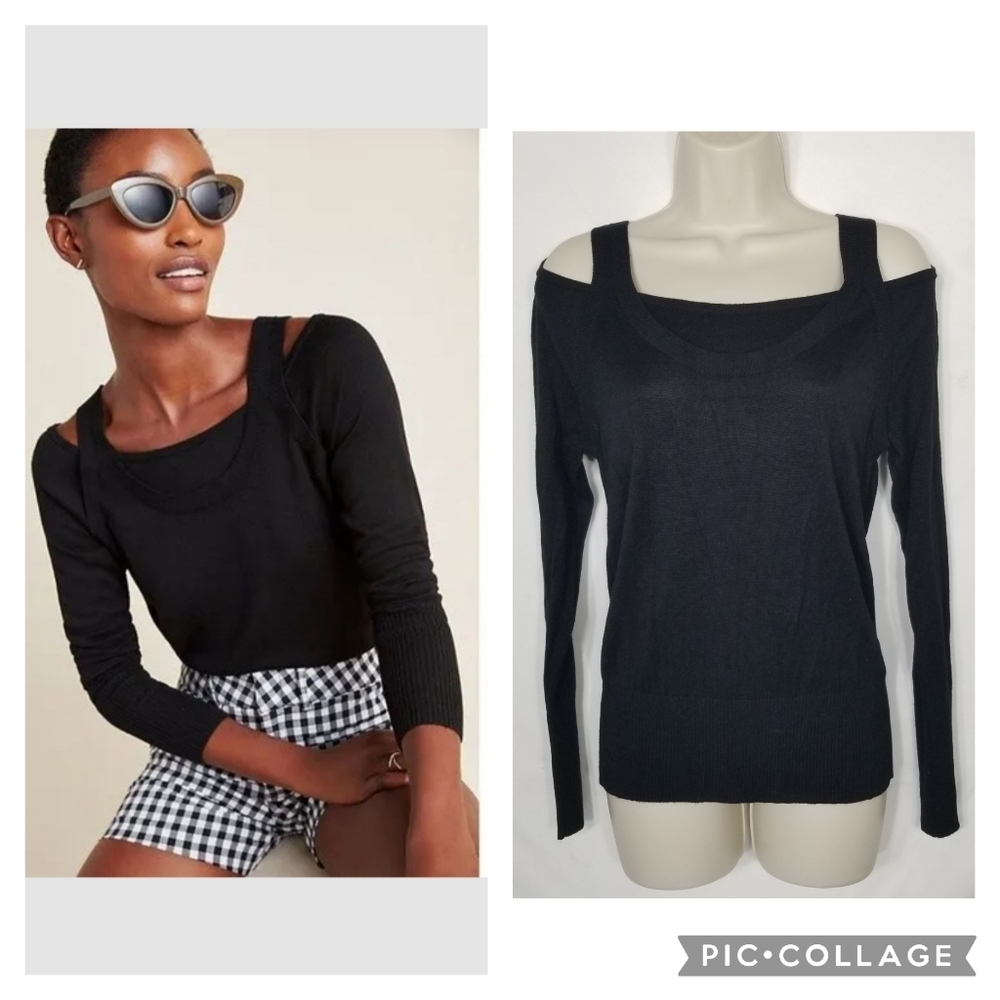 Anthropologie Black Jamie Ribbed Open Cold Shoulder Long Sleeve Knit Sweater M